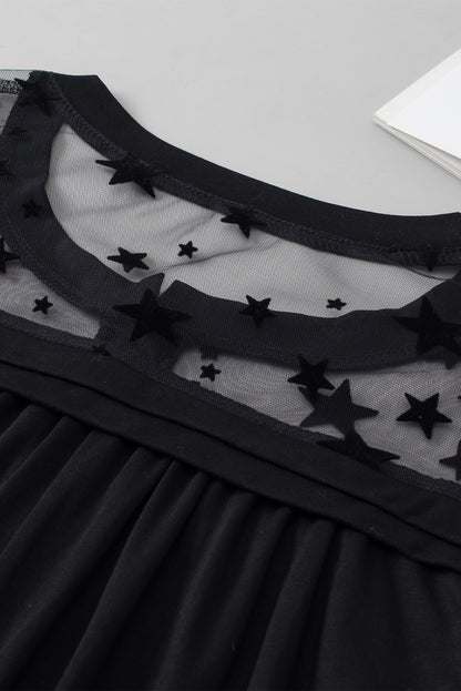 Star Mesh Yoke Draped Detail Blouse | Black