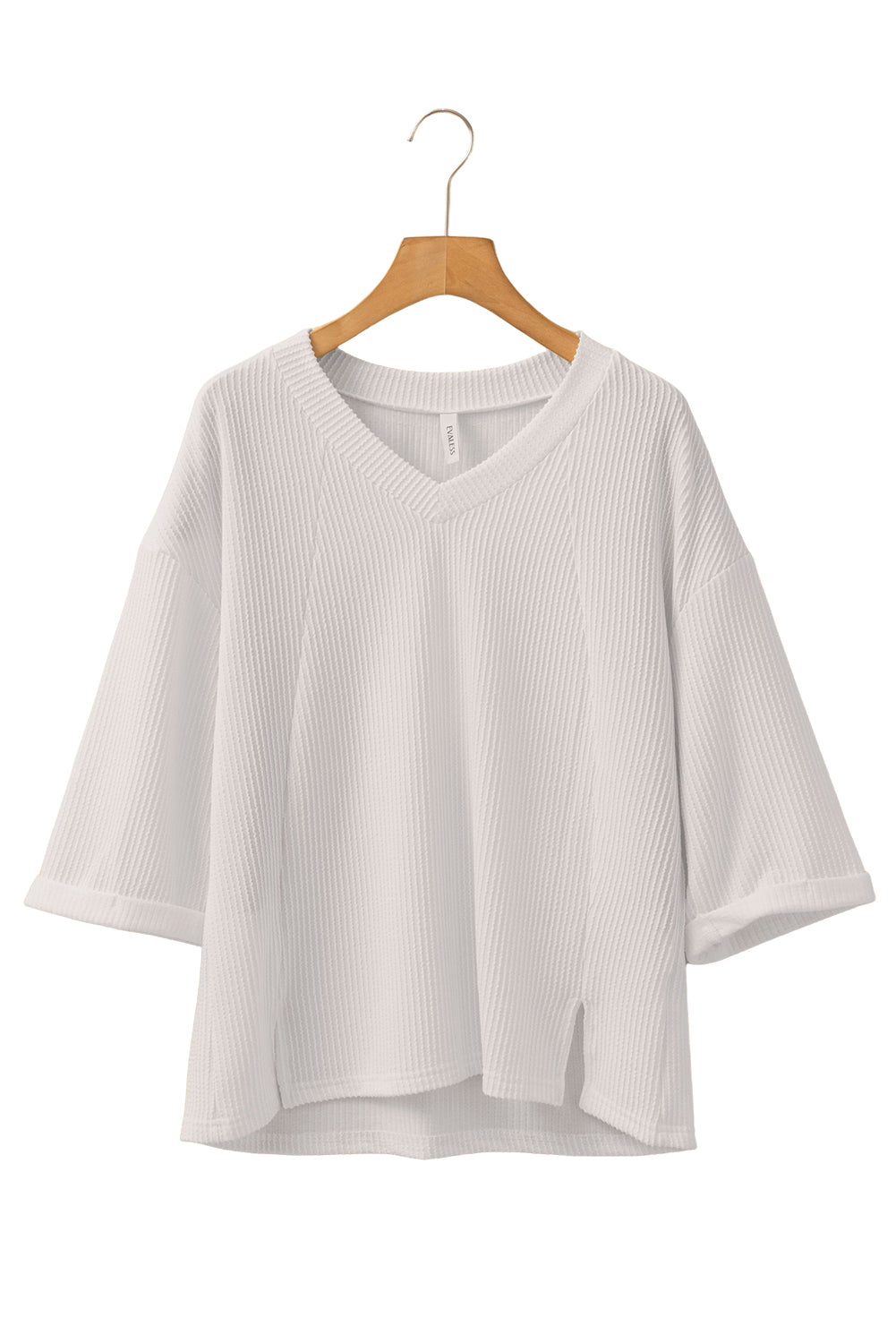 Solid Colour Corded Drop Shoulder 3/4 Sleeve V Neck Top | White