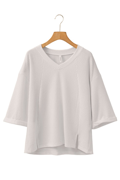 Solid Colour Corded Drop Shoulder 3/4 Sleeve V Neck Top | White