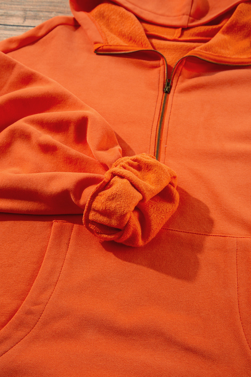 Fleece Lined Half Zipper Kangaroo Pockets Loose Hoodie | Orange