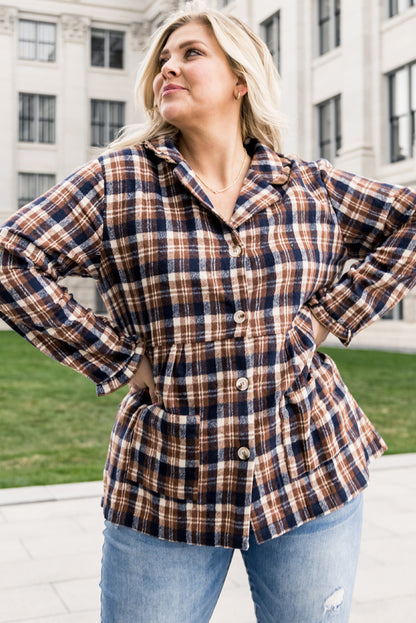 Plaid Print Button-Up Turn Down Collar Plus Size Coat | Yellow