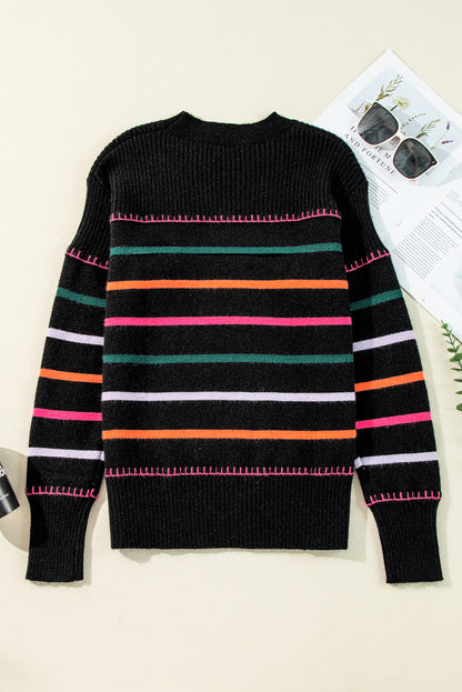 Colourful Striped Ribbed Trim Sweater | Black