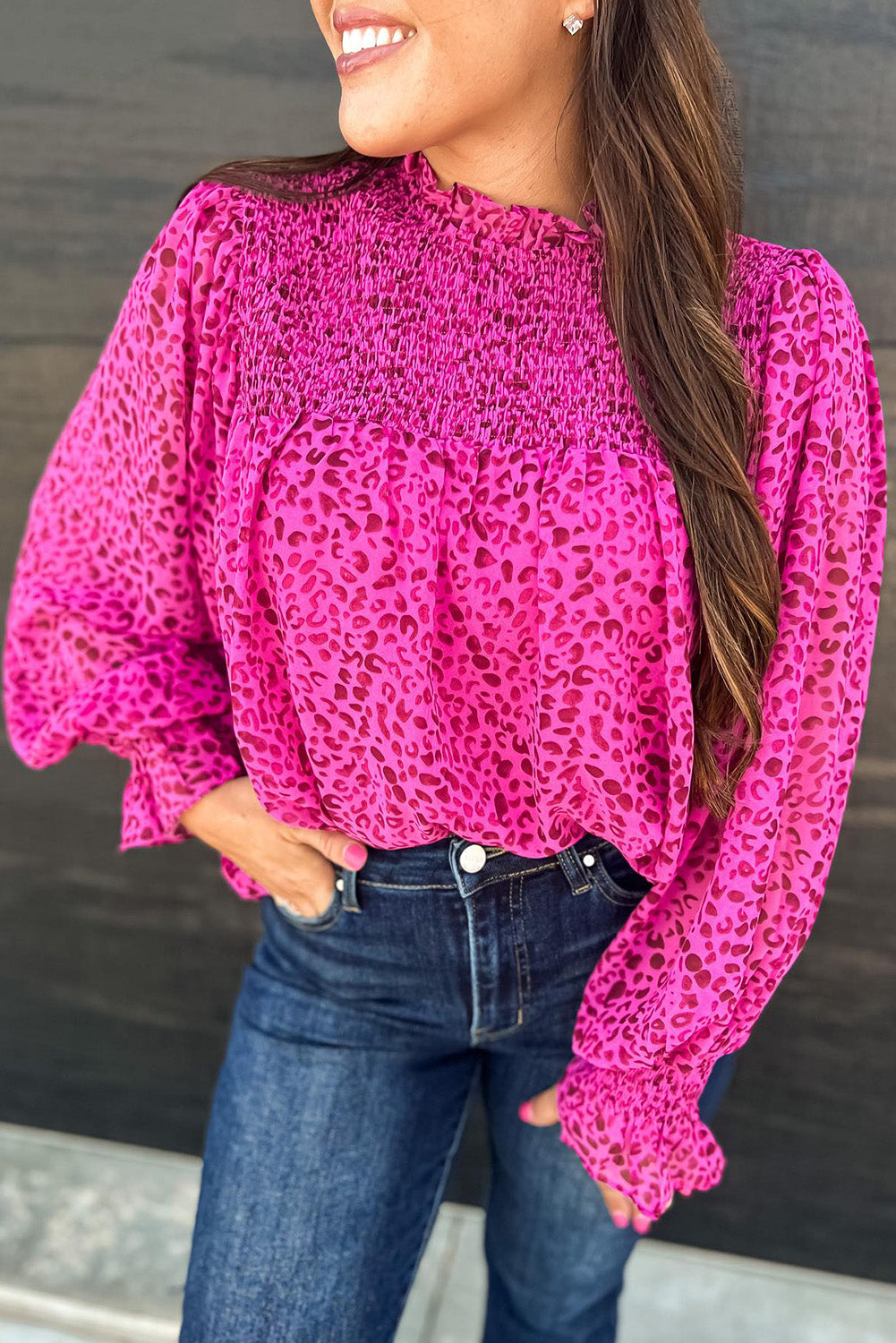 Leopard Shirred Puff Sleeve Flowy Blouse | Rose