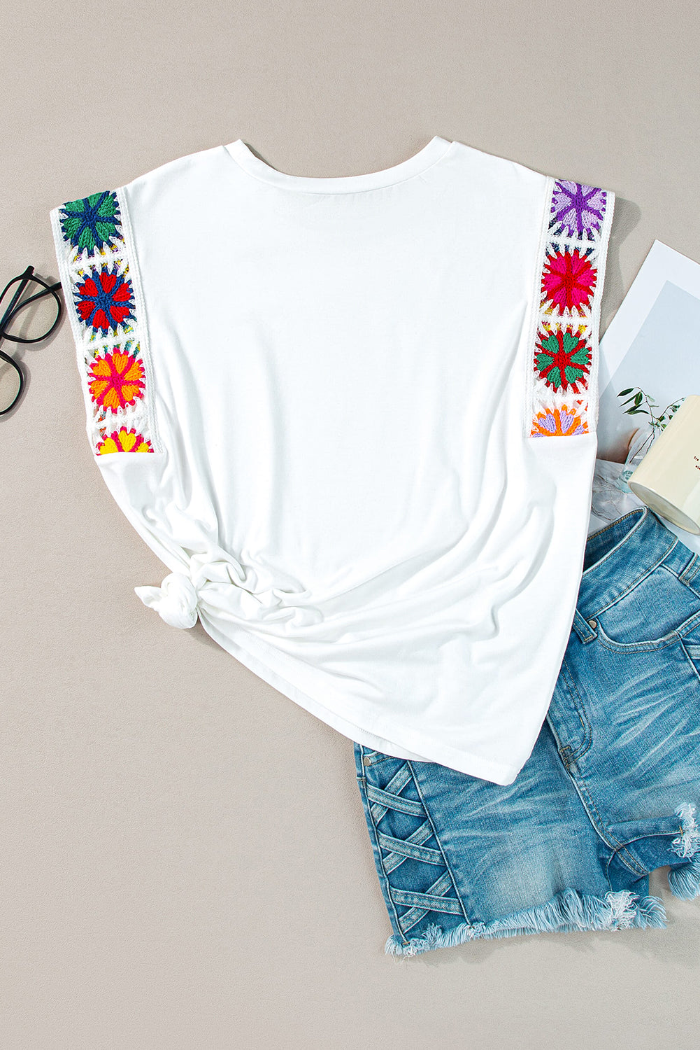 Floral Crochet Sleeve Crew Neck Top | White