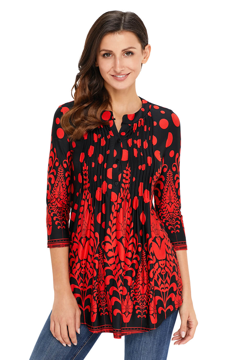 Fiery  Floral Notch Neck Pin-Tuck Tunic | Red