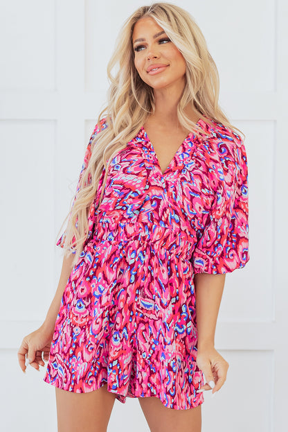 Abstract Print Puff Sleeve V Neck High Waist Romper | Pink