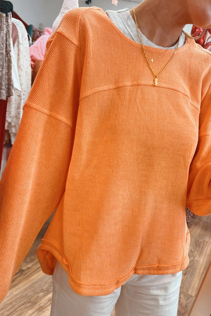 Solid Colour Textured High Low Long Sleeve Top | Grapefruit Orange