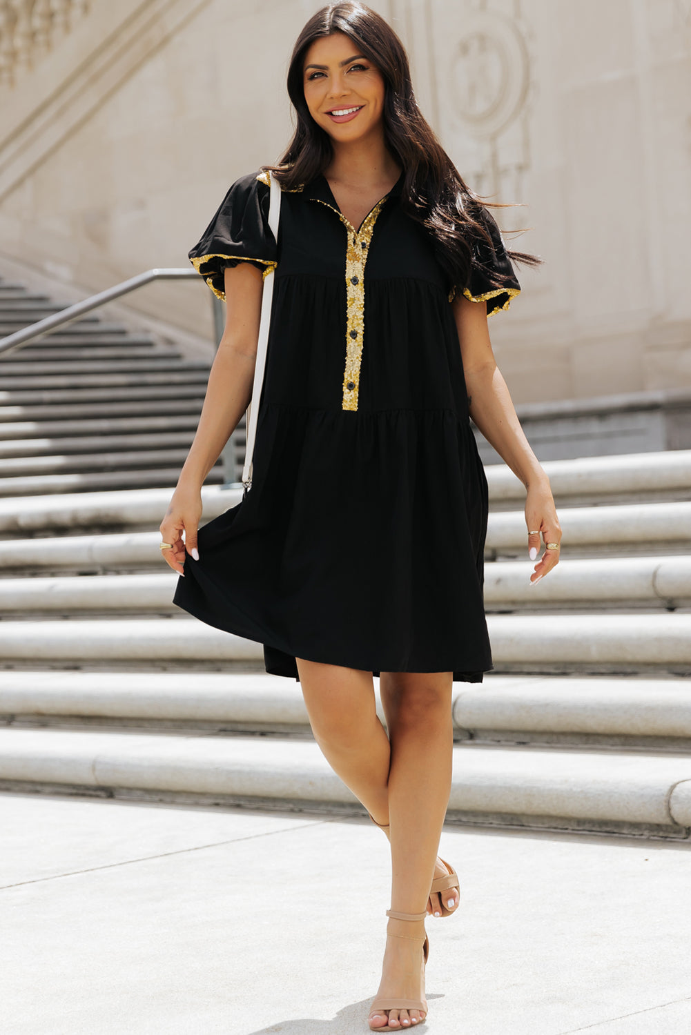 Sequin Trim Bubble Sleeve Game Day Shirt Dress | Black