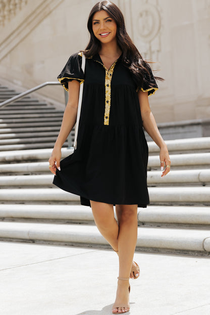 Sequin Trim Bubble Sleeve Game Day Shirt Dress | Black