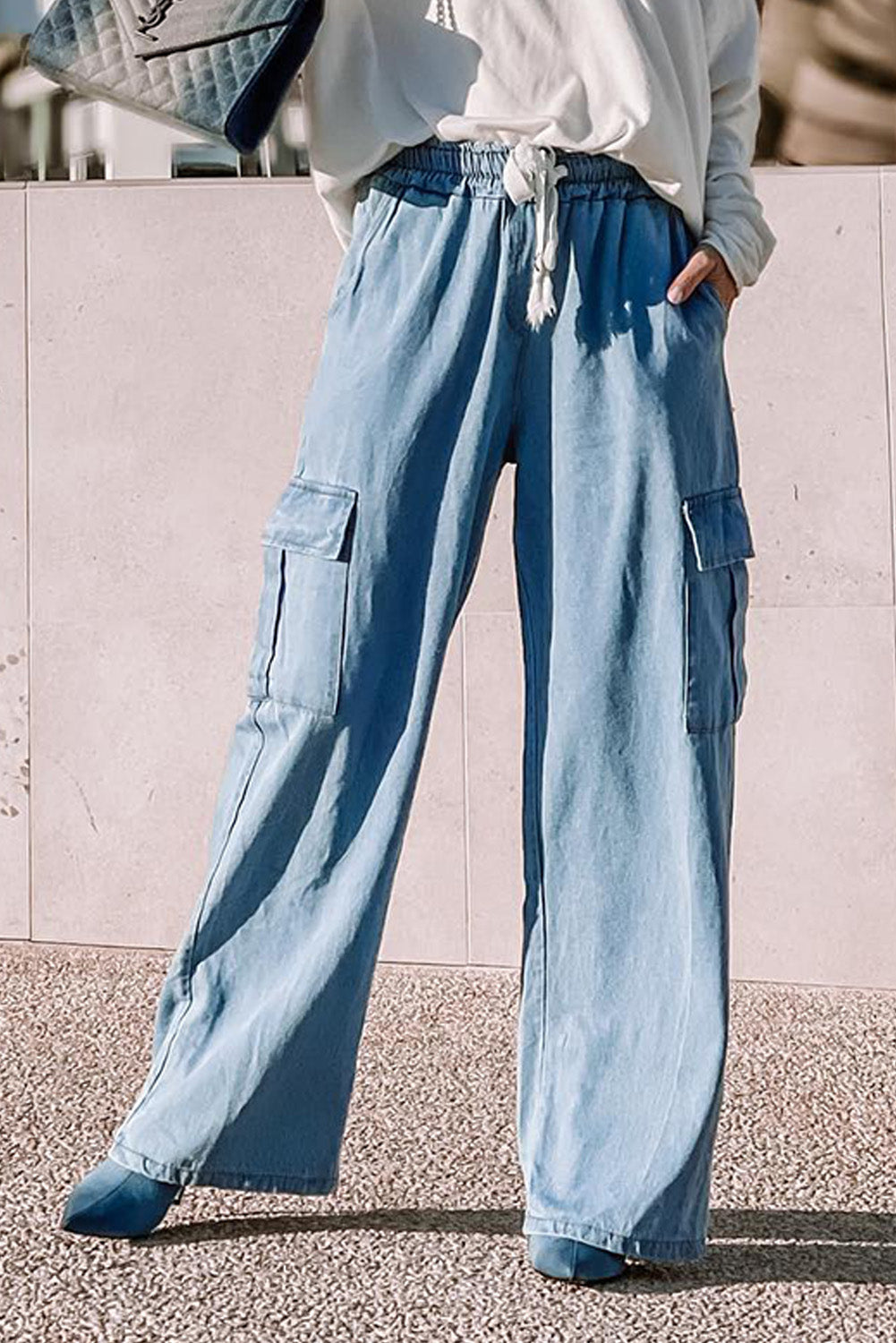 Drawstring High Waist Cargo Pocket Wide Leg Jeans | Sky Blue