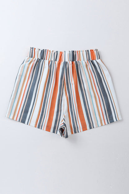 Vintage Washed Elastic Frill Waist Casual Shorts | Stripe