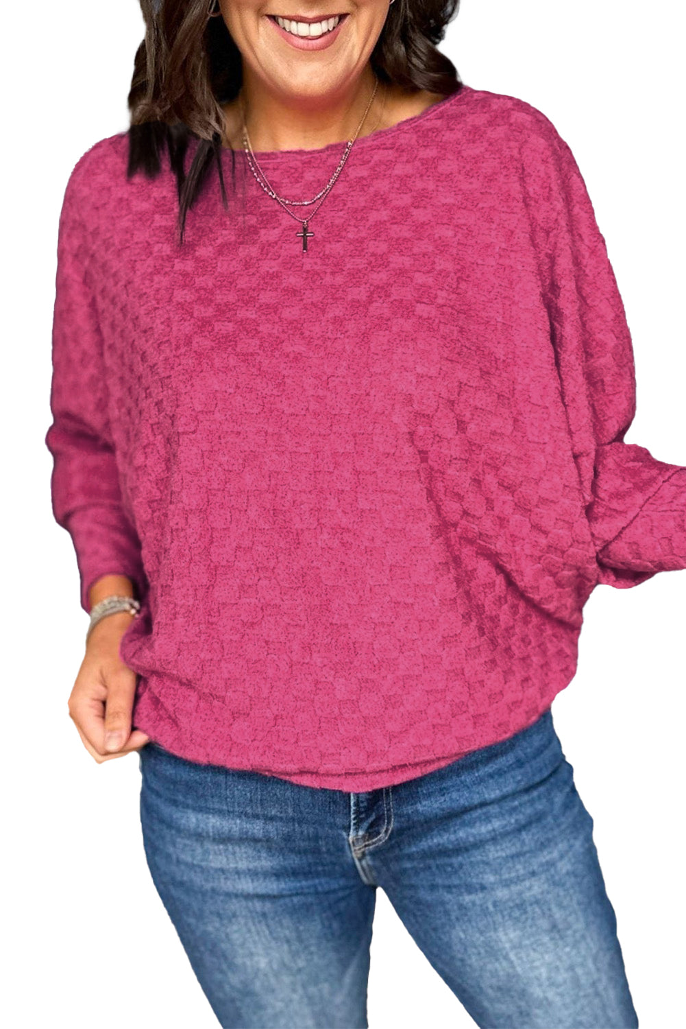 Checker Textured Dolman Sleeve Top | Bright Pink