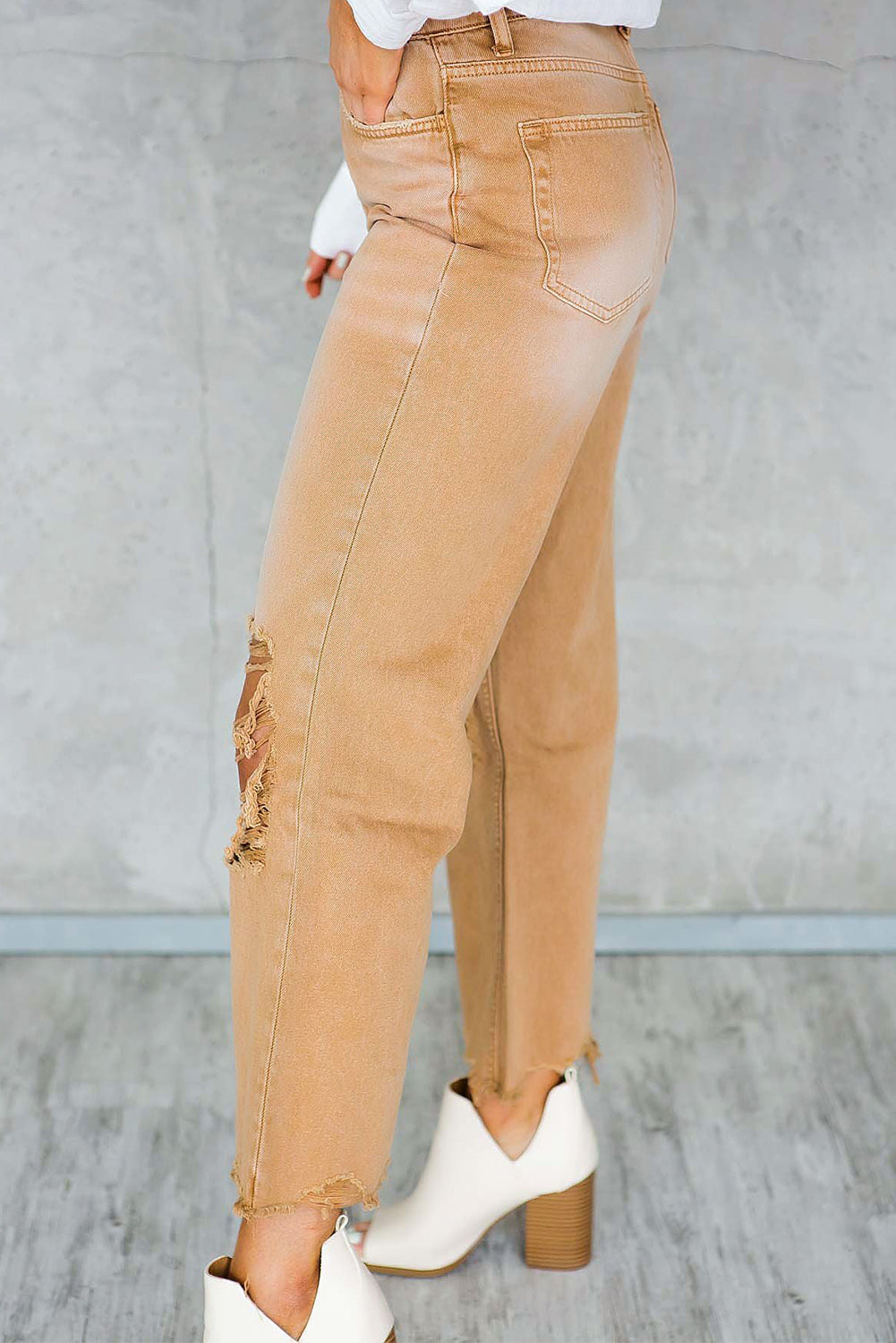 Distressed Hollow-Out High Waist Cropped Flare Jeans | Brown