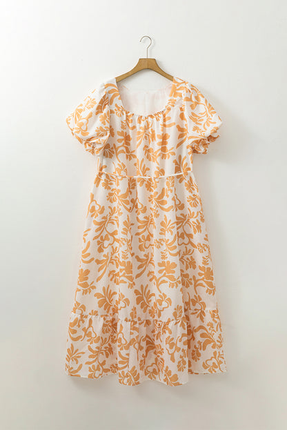 Floral Print Puff Short Sleeve Resort Plus Size Maxi Dress | Apricot