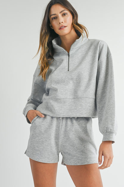 Stand Neck Zipped Sweatshirt And Shorts Set | Light Grey