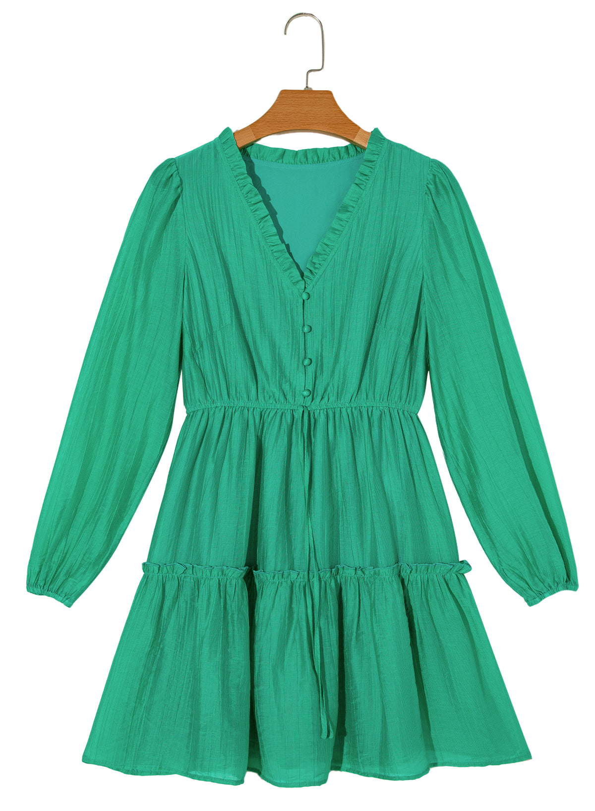 Frilly V Neck Puff Sleeve Drawstring Shift Mini Dress | Sea Green