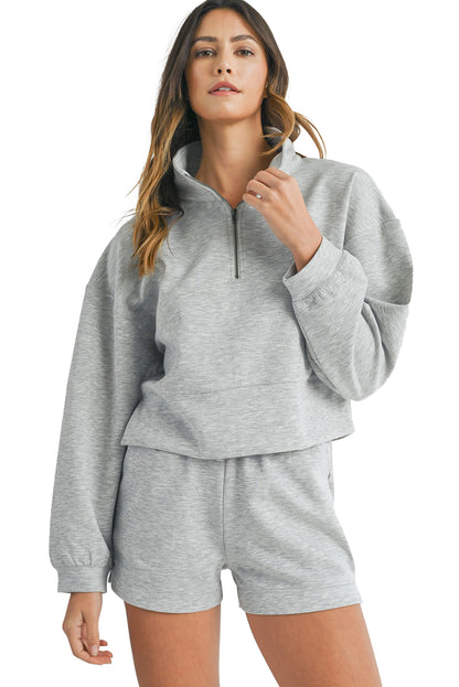 Stand Neck Zipped Sweatshirt And Shorts Set | Light Grey