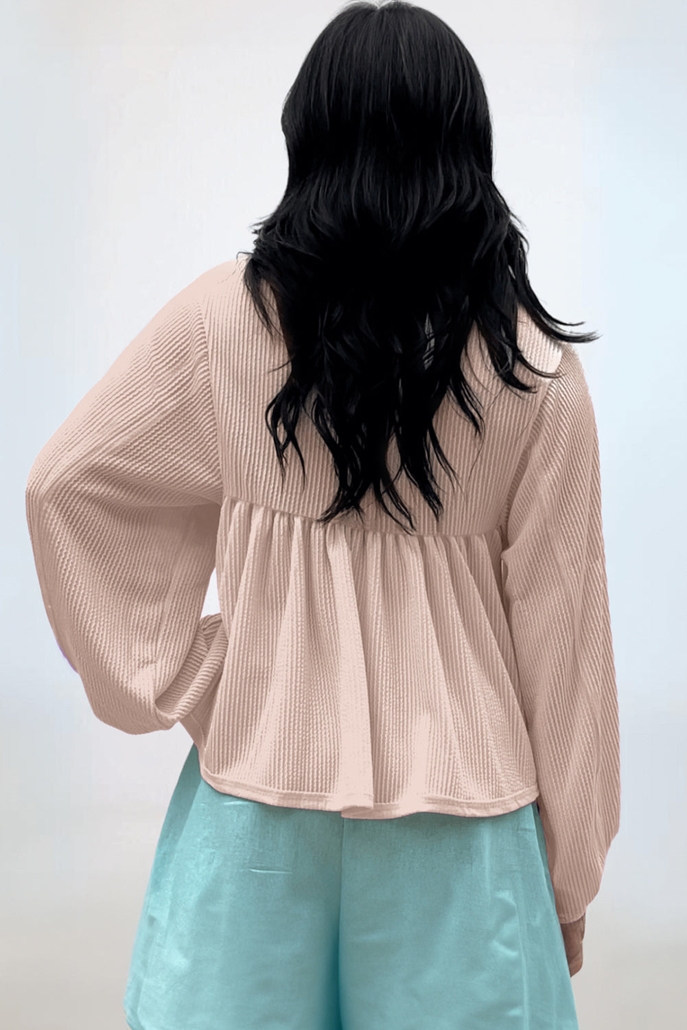 Corded Turn-Down V Neck Bubble Sleeve Babydoll Blouse | Parchment