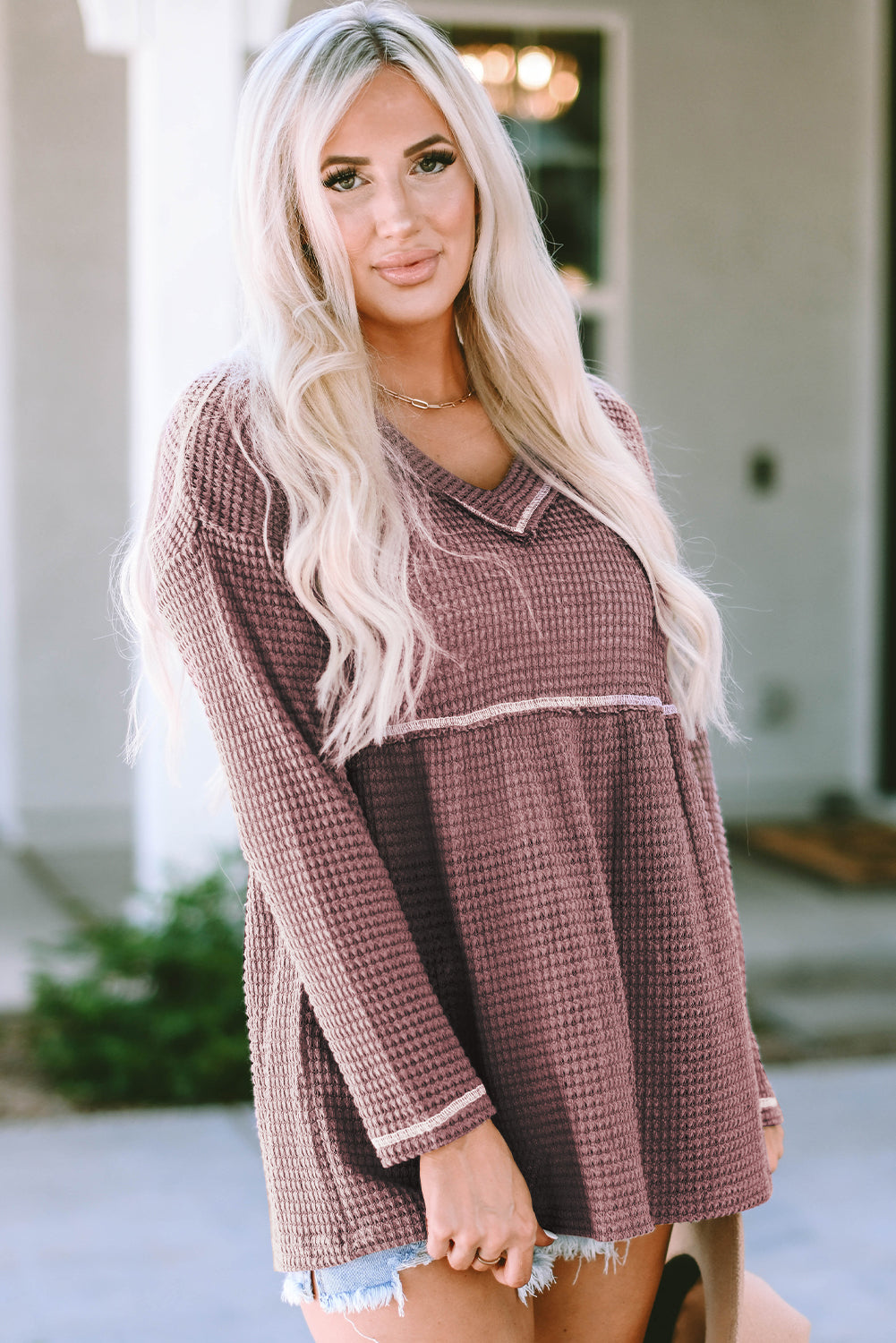 Waffle Knit V Neck Long Sleeve Babydoll Top | Pink