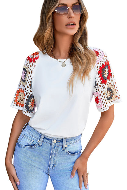 Floral Crochet Short Sleeve Top | White