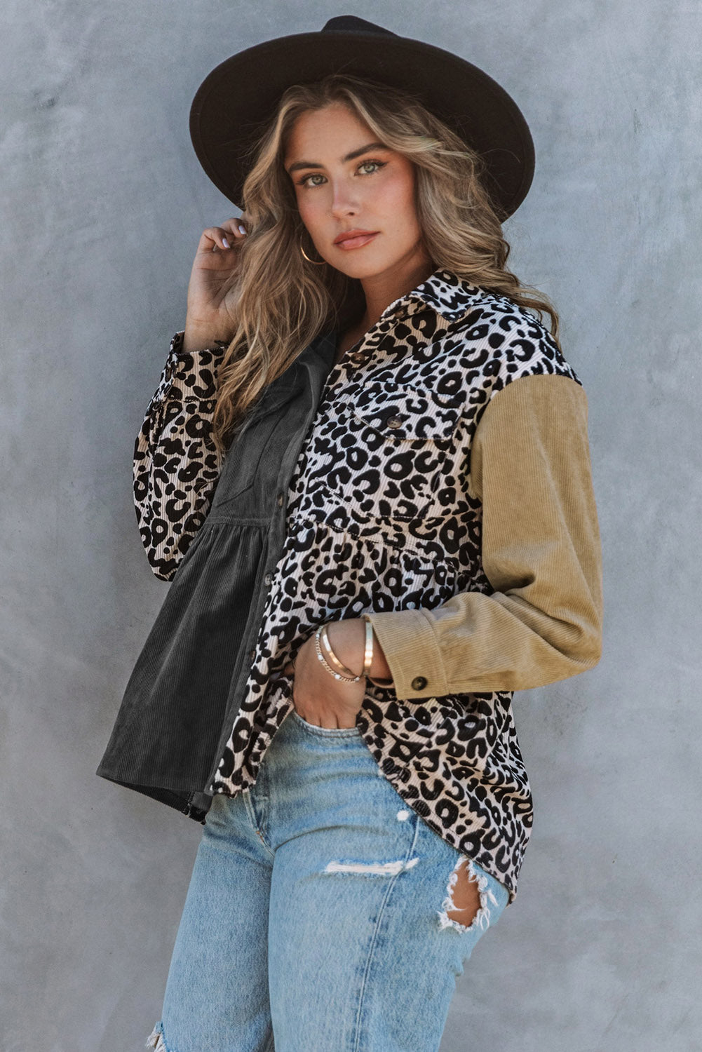 Colourblock Corduroy Shirt Jacket | Leopard