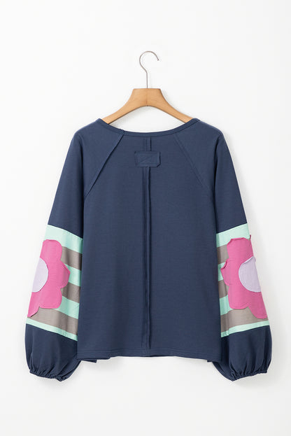 Flower Patchwork Raglan Sleeve Exposed Seam Oversized Top | Sail Blue