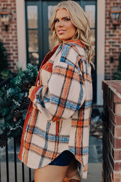 Plus Size Plaid Print Collared Buttoned Jacket | Brown Stripe