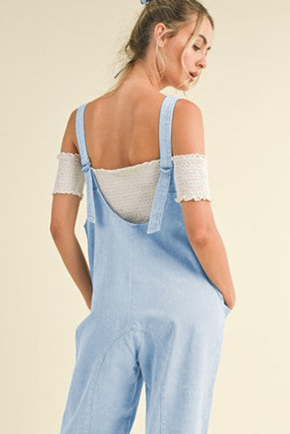 Adjustable Strap V Neck Pocketed Denim Overalls | Beau Blue