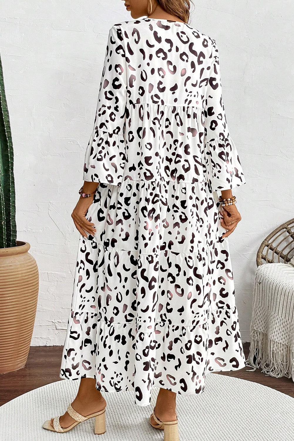 Leopard Print Notch V Neck Loose Fit Maxi Dress | White