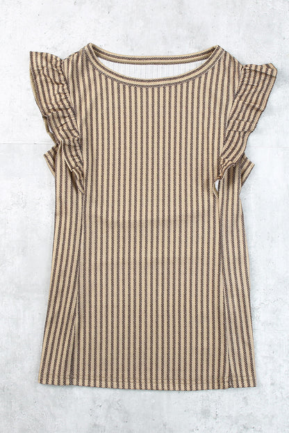 Striped Crew Neck Ruffled Tank Top | Khaki