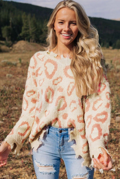 Animal Print Distressed Trim Fuzzy Sweater | Leopard