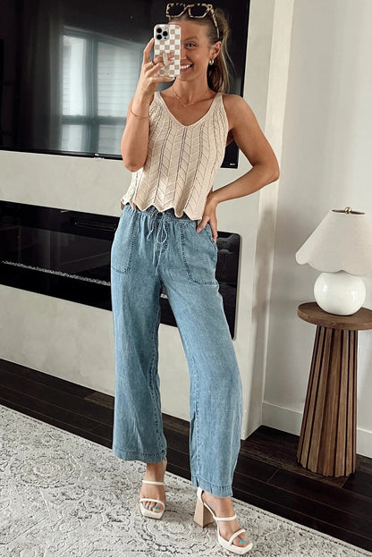 Mineral Wash Drawstring Waist Loose Straight Denim Pants | Myosotis