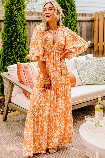 Floral Print Smocked V Neck Wide Sleeve Maxi Dress | Orange