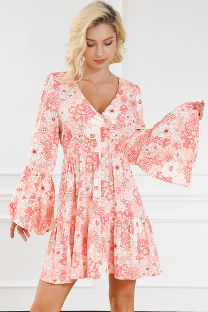 Floral Smocked High Waist Bell Sleeve Mini Dress | Apricot Powder