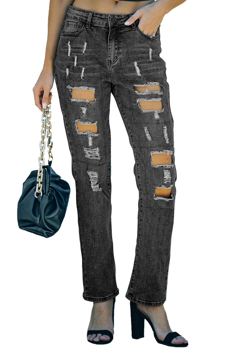 Buttoned Pockets Distressed Jeans | Gray