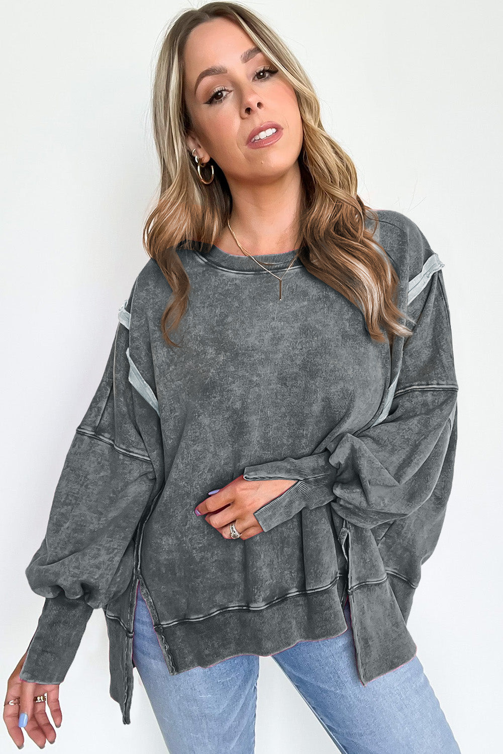 Acid Wash Relaxed Fit Seamed Pullover Sweatshirt With Slits | Gray