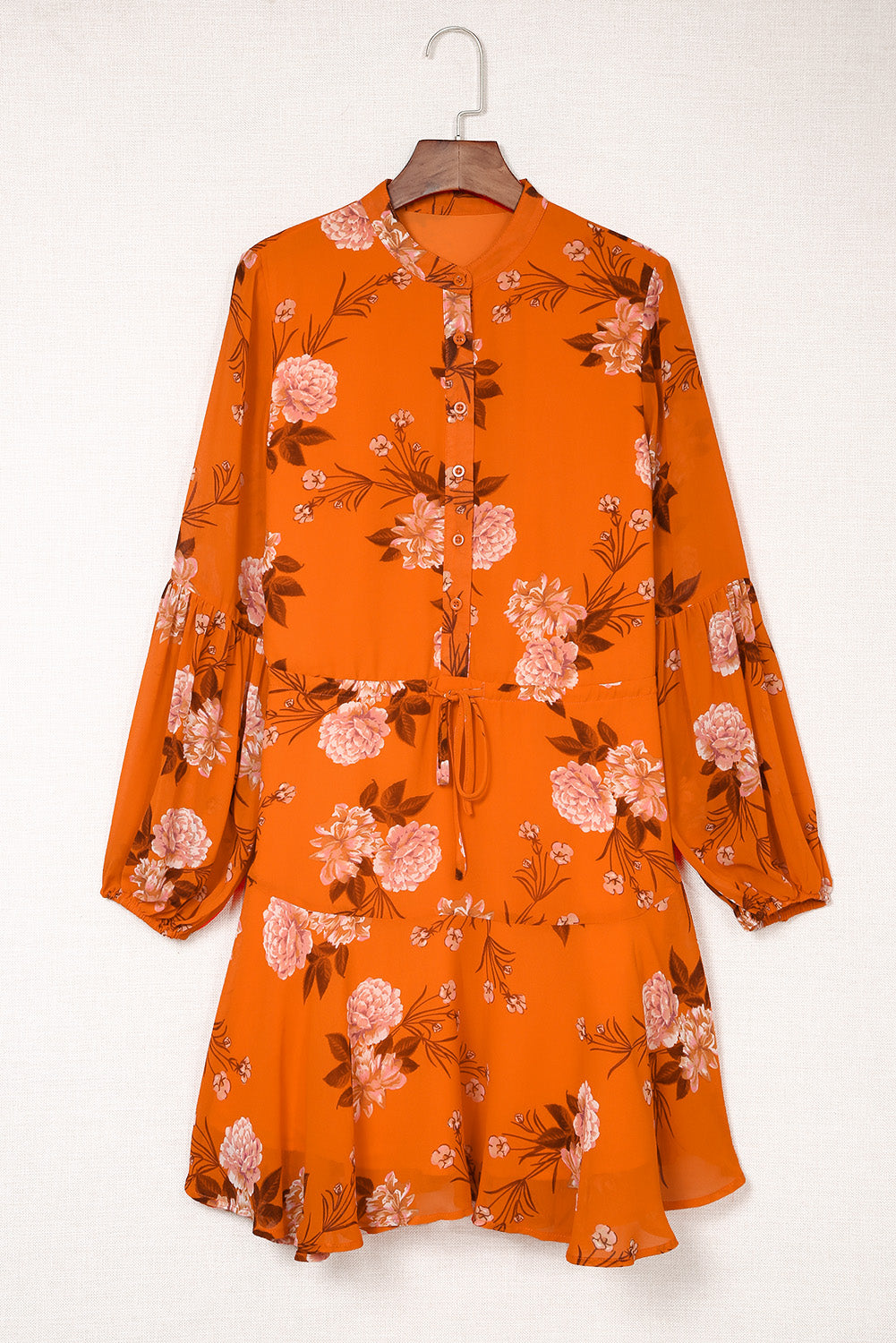 Vintage Floral Print Drawstring Flowy Dress | Orange