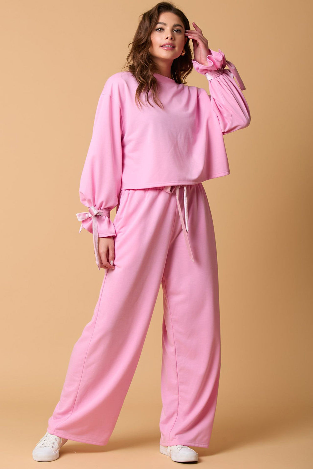 Solid Colour Drawstring Long Sleeve Top And Pants Set | Bonbon