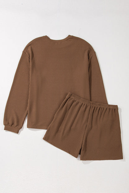 Corded Knit Long Sleeve Top And High Waist Shorts Set | Chestnut