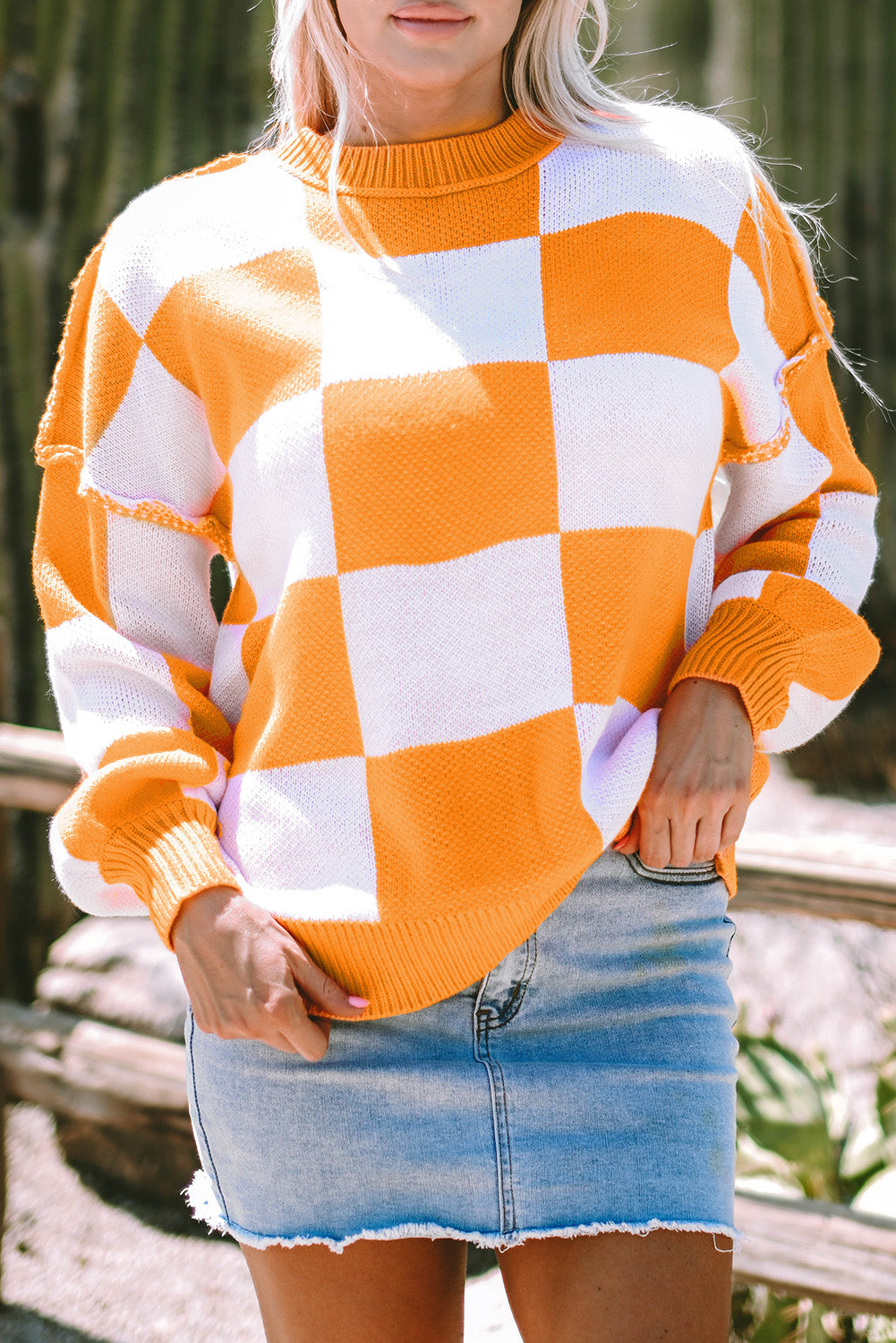 Orange Checkered Bishop Sleeve Sweater | Grapefruit Orange