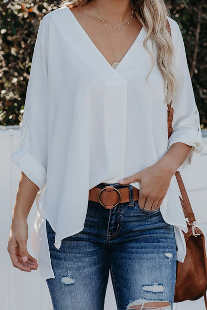 V Neck 3/4 Sleeve High Low Hem Shirt | White