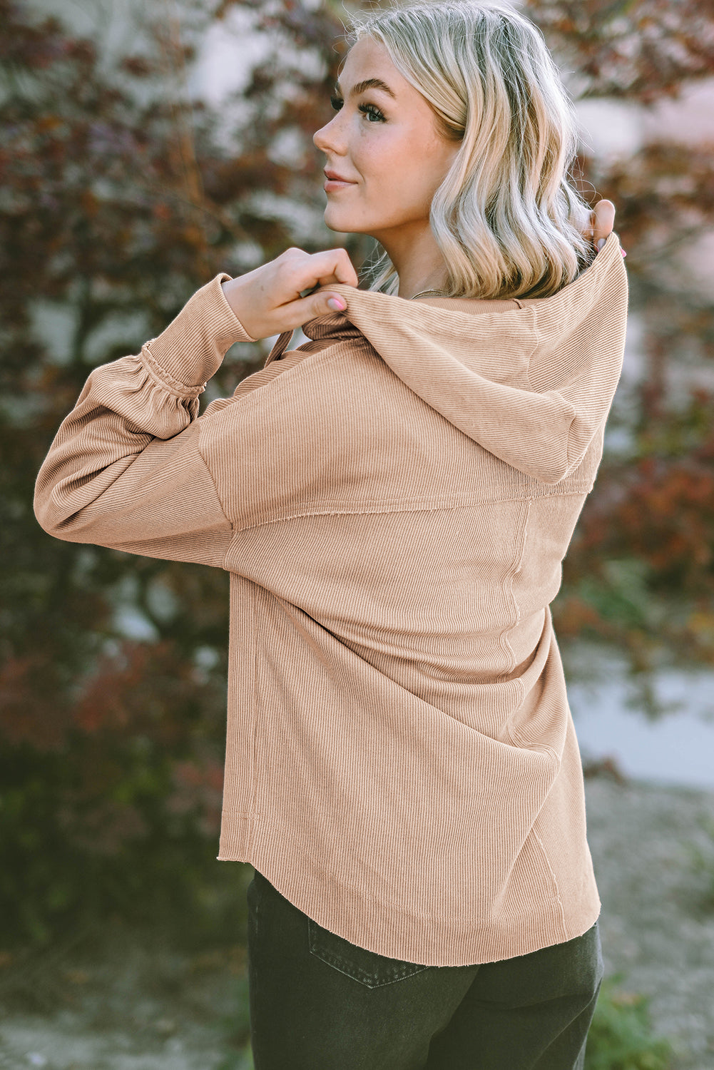 Buttoned V Neck Drawstring Knit Hoodie | Khaki