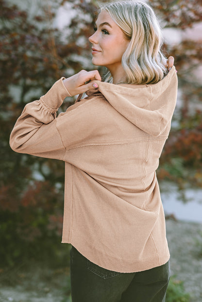 Buttoned V Neck Drawstring Knit Hoodie | Khaki