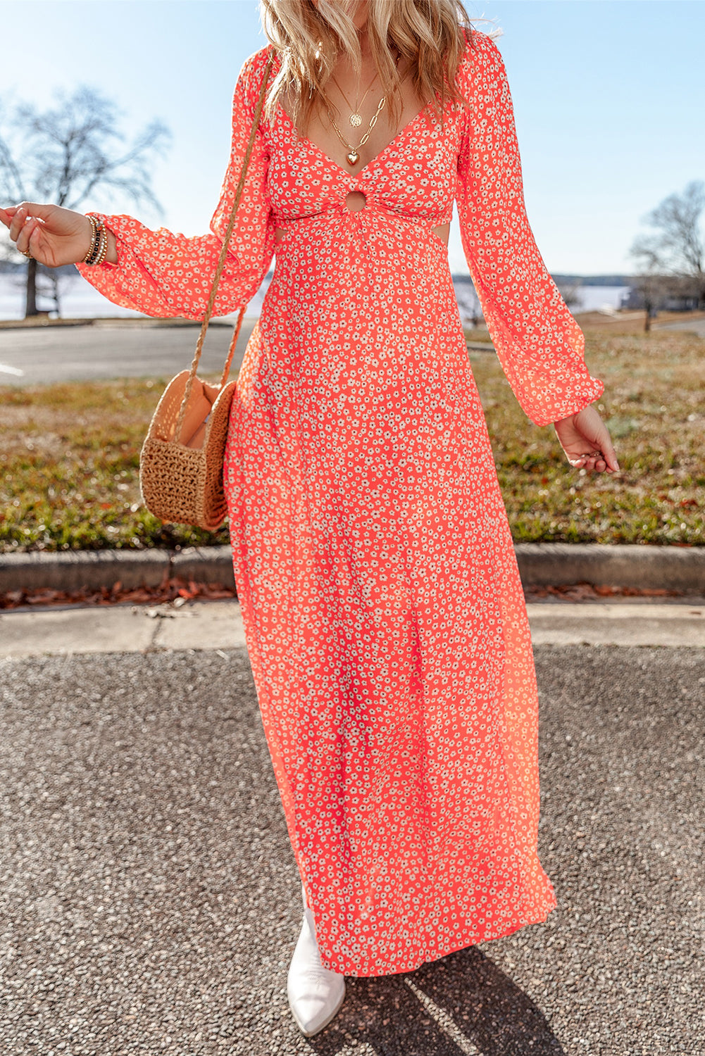 Floral Long Puff Sleeve V Neck Hollow Out Dress | Red