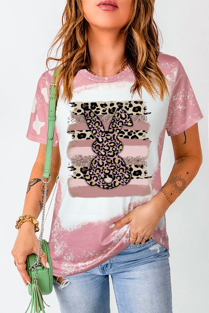 Tie Dye Contrast Leopard Rabbit Graphic T Shirt | Pink