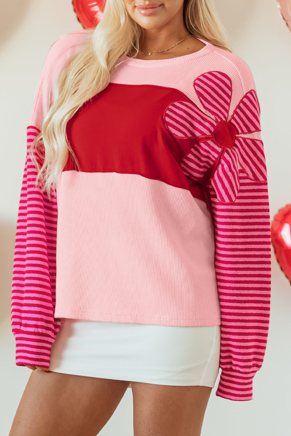 Floral Patch Colour Block Striped Sleeve Textured Top | Pink