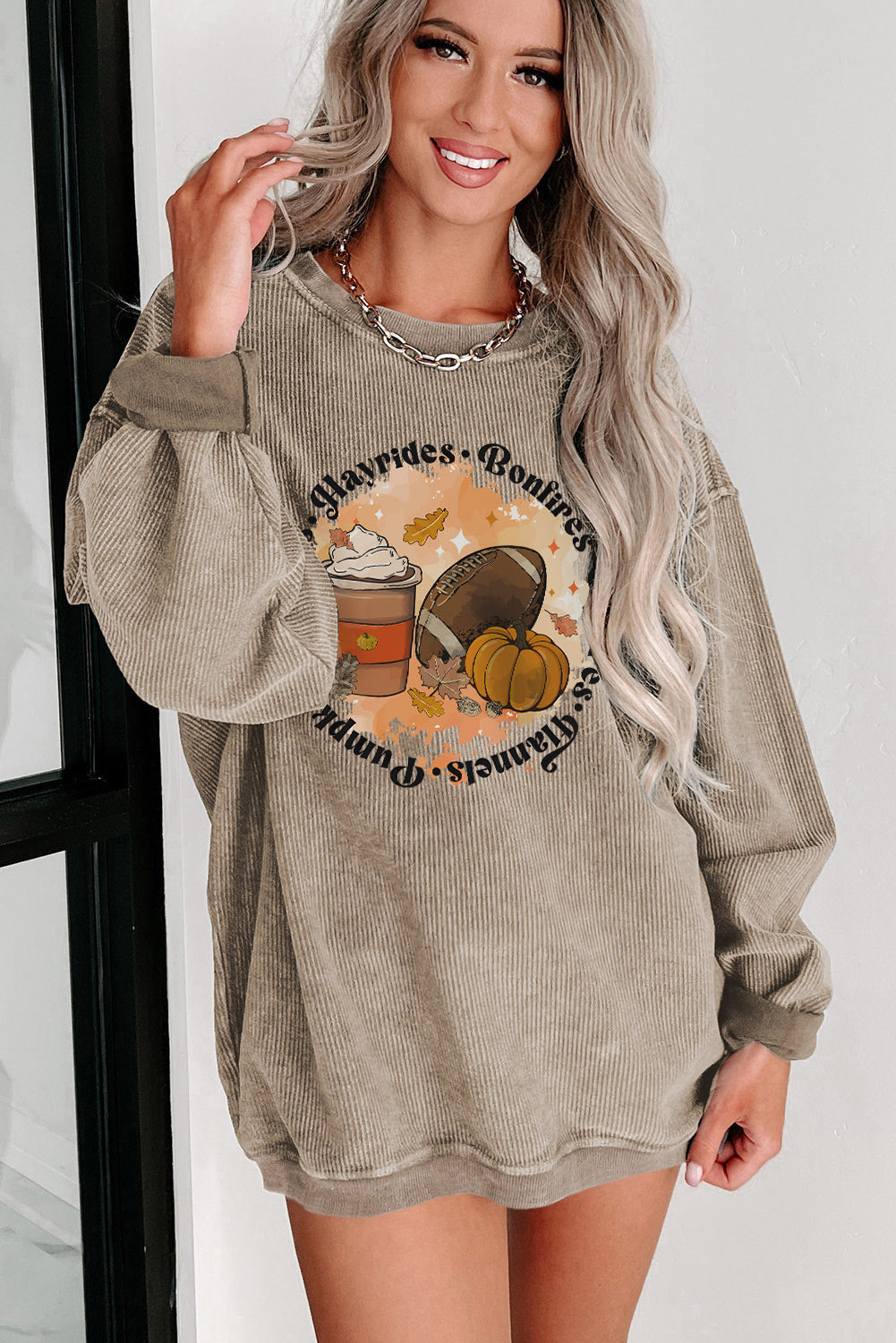 Oversized Autumn Vibe Rugby Football Graphic Corded Sweatshirt | Khaki