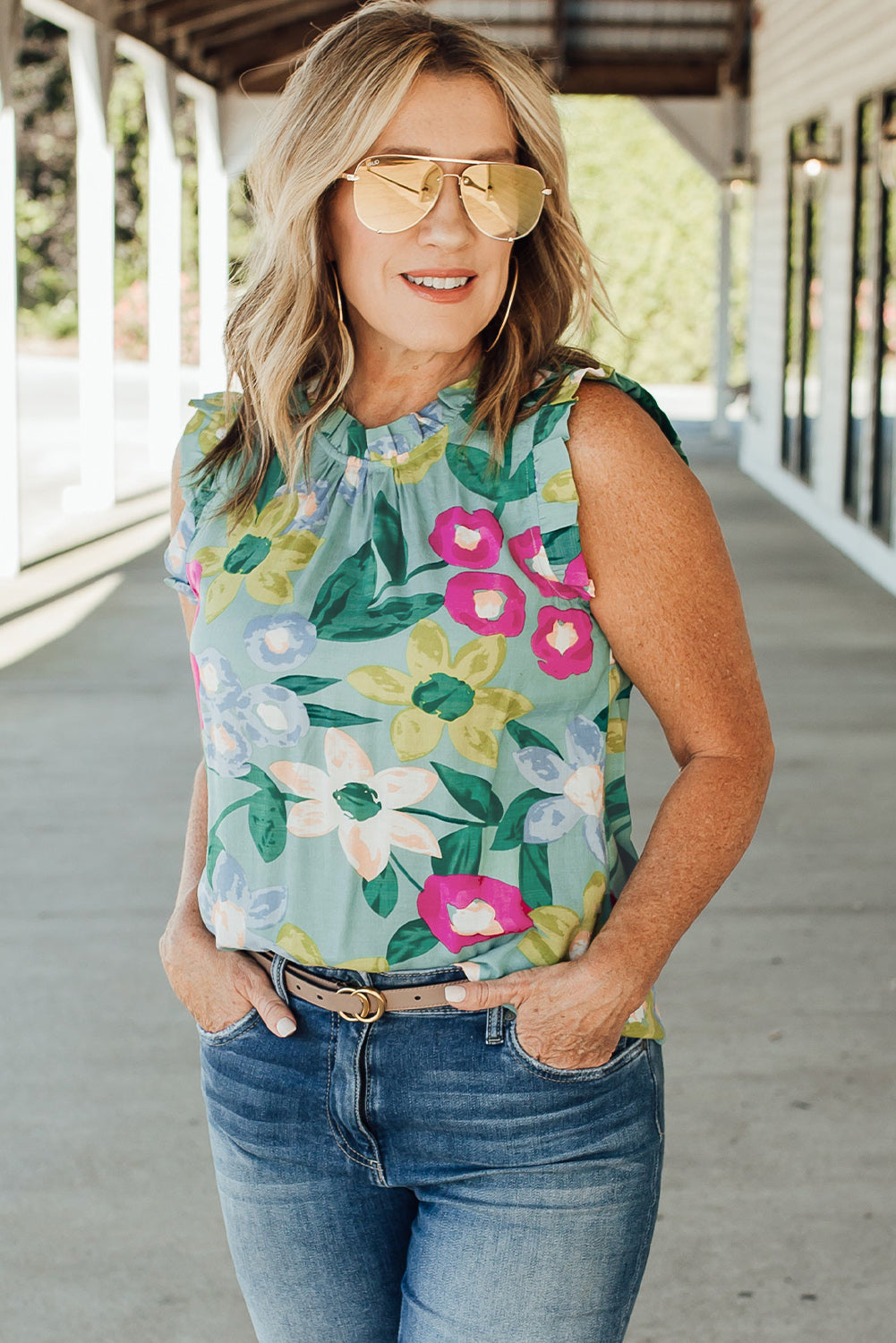 Floral Print Ruffle Trim Tank Top | Green