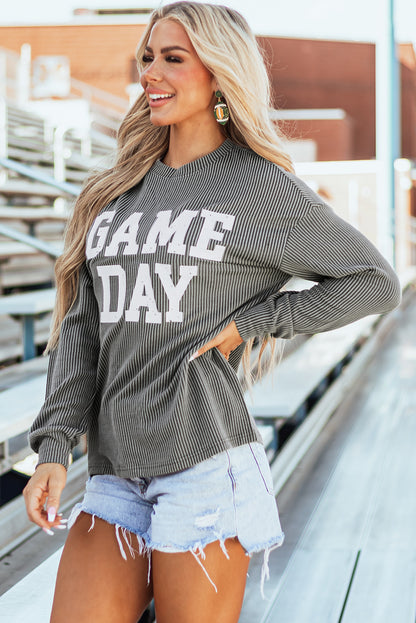 Corded Game Day Graphic Long Sleeve Crewneck Top | Dark Grey