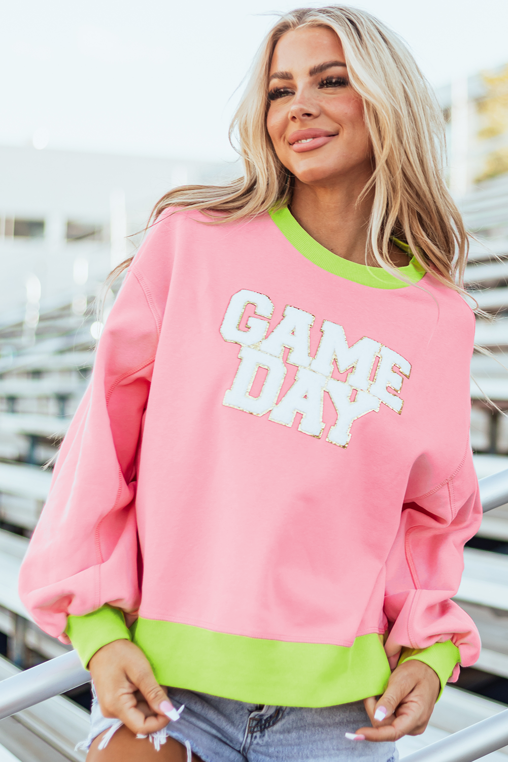 Game Day Glitter Colour Block Crew Neck Sweatshirt | Pink